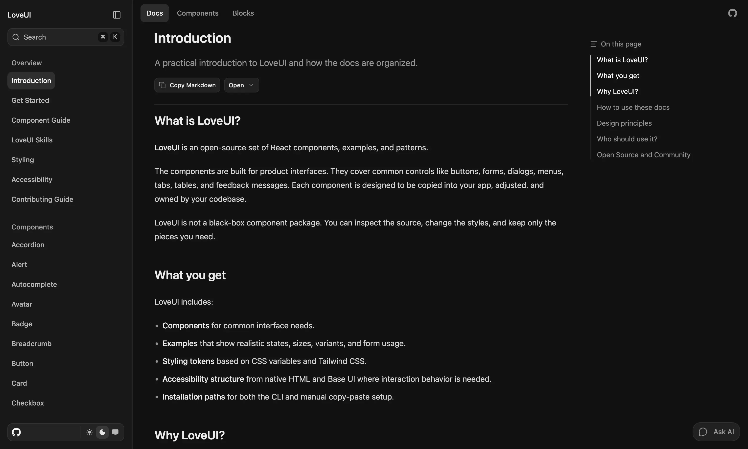 LoveUI documentation preview in dark mode
