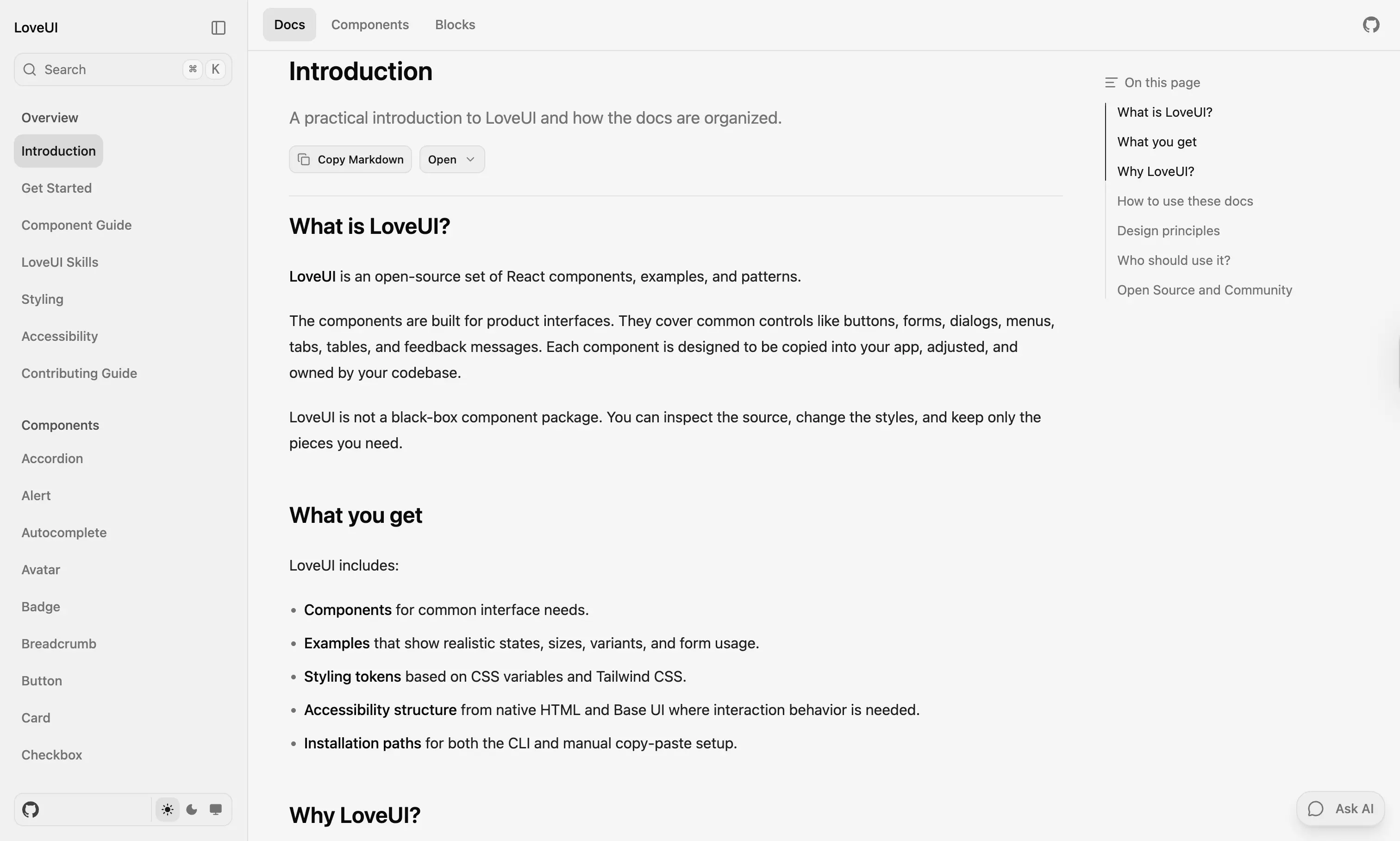 LoveUI documentation preview in light mode